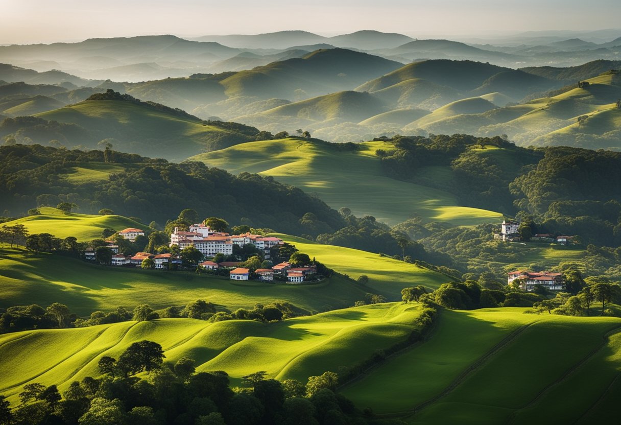 Uma paisagem serena de colinas onduladas e vegetação exuberante, com charmosos hotéis rurais aninhados entre a pitoresca cena do interior de São Paulo.