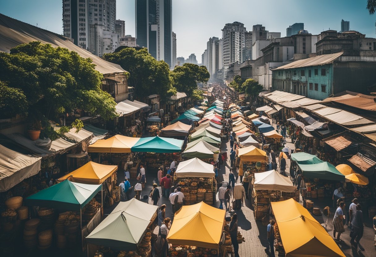 Um vibrante mercado de rua no interior de São Paulo, movimentado com atividades e barracas coloridas vendendo produtos artesanais e produtos locais.